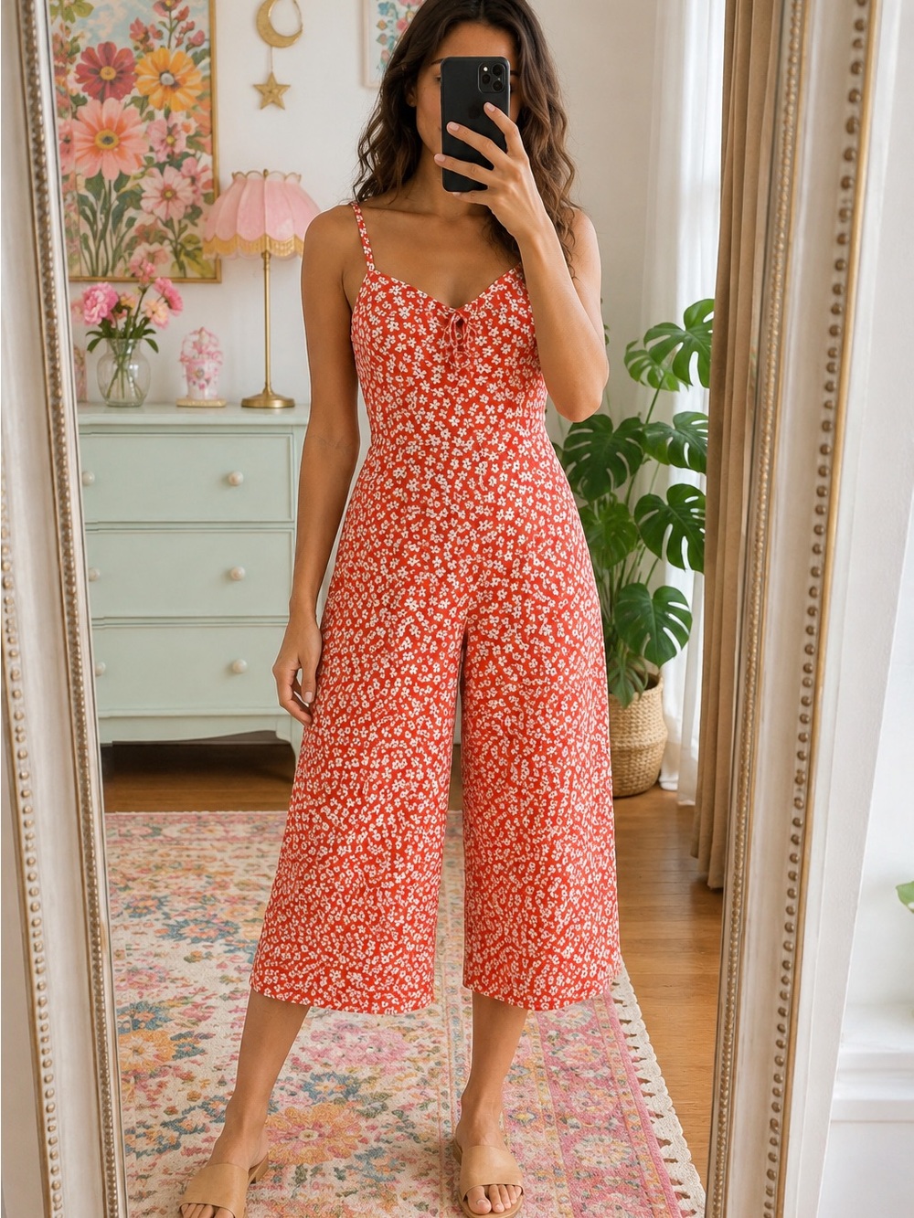Floral Red Spaghetti-Strap Wide-Leg Jumpsuit